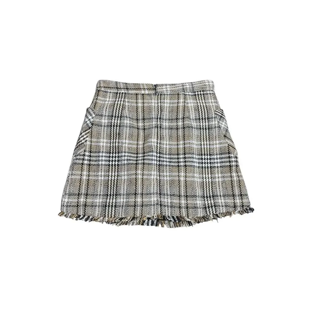 Goodnight Macaroon Plaid Tweed Fringe Hem Mini Skirt Size‎ Medium Preppy Twee